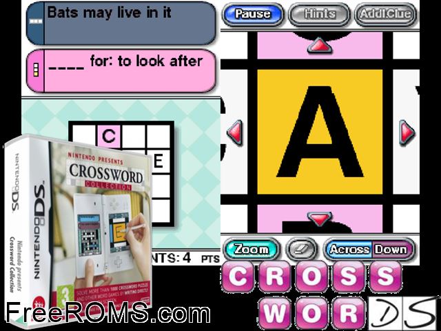 Nintendo Presents - Crossword Collection Europe NDS game showing 3D box cover and gameplay screenshot