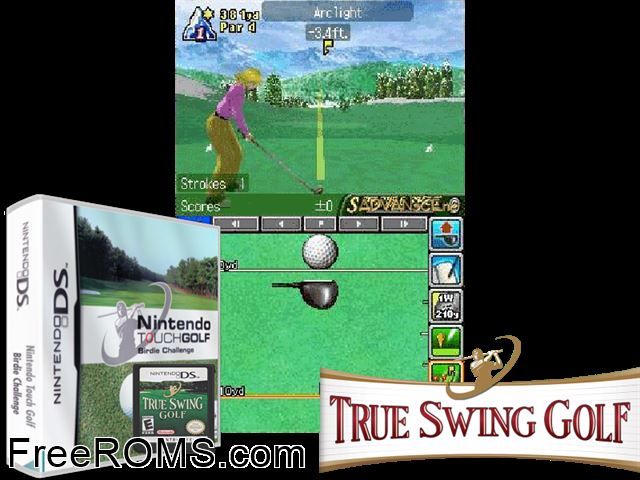 Nintendo Touch Golf - Birdie Challenge Europe NDS game showing 3D box cover and gameplay screenshot