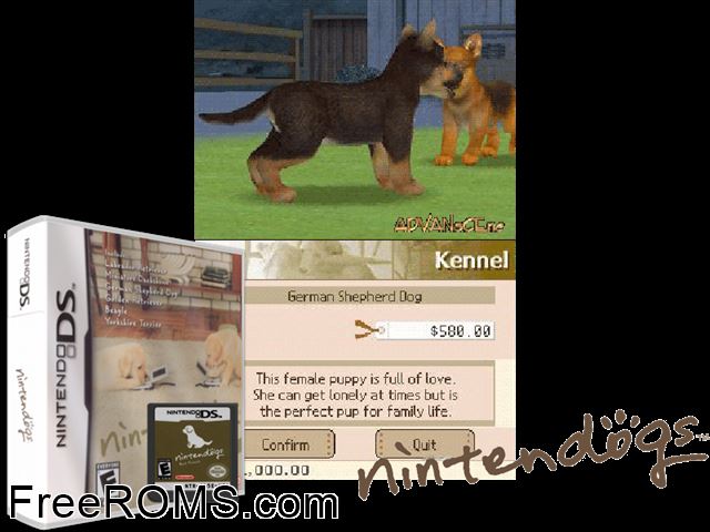 Nintendogs - Best Friends NDS game showing 3D box cover and gameplay screenshot