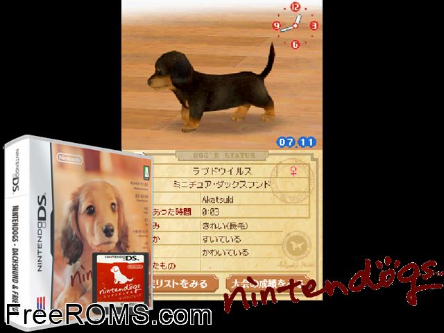 Nintendogs - Dachshund and Friends NDS game showing 3D box cover and gameplay screenshot