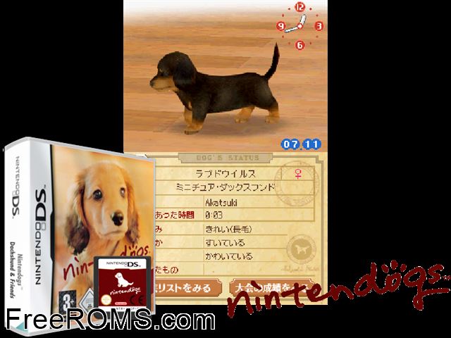 Nintendogs - Dachshund and Friends Europe NDS game showing 3D box cover and gameplay screenshot