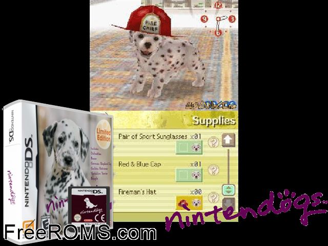 Nintendogs - Dalmatian and Friends NDS game showing 3D box cover and gameplay screenshot