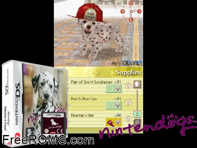 Nintendogs - Dalmatian and Friends Europe NDS game showing 3D box cover and gameplay screenshot