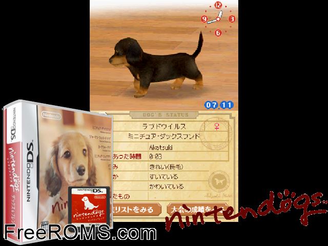 Nintendogs - Miniature Dachshund and Friends Japan NDS game showing 3D box cover and gameplay screenshot