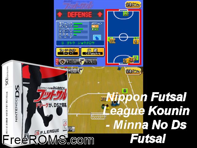 Nippon Futsal League Kounin - Minna no DS Futsal Japan NDS game showing 3D box cover and gameplay screenshot