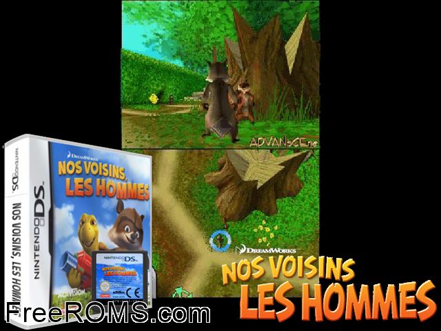 Nos Voisins, Les Hommes France NDS game showing 3D box cover and gameplay screenshot