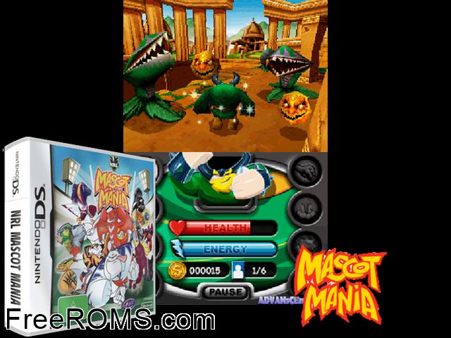 NRL Mascot Mania Europe NDS game showing 3D box cover and gameplay screenshot