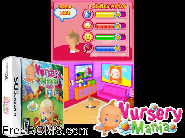 Nursery Mania NDS game showing 3D box cover and gameplay screenshot