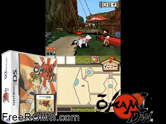 Okamiden Europe NDS game showing 3D box cover and gameplay screenshot