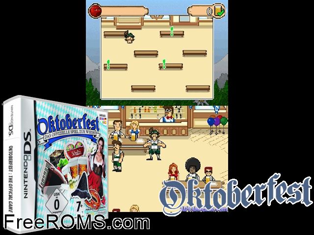 Oktoberfest - The Official Game Europe NDS game showing 3D box cover and gameplay screenshot