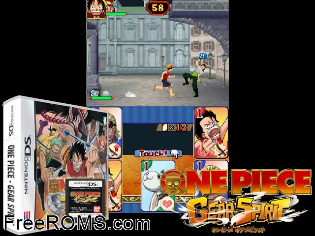 One Piece - Gear Spirit NDS game showing 3D box cover and gameplay screenshot
