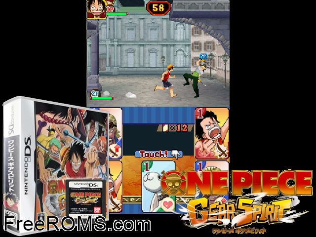 One Piece - Gear Spirit Japan NDS game showing 3D box cover and gameplay screenshot