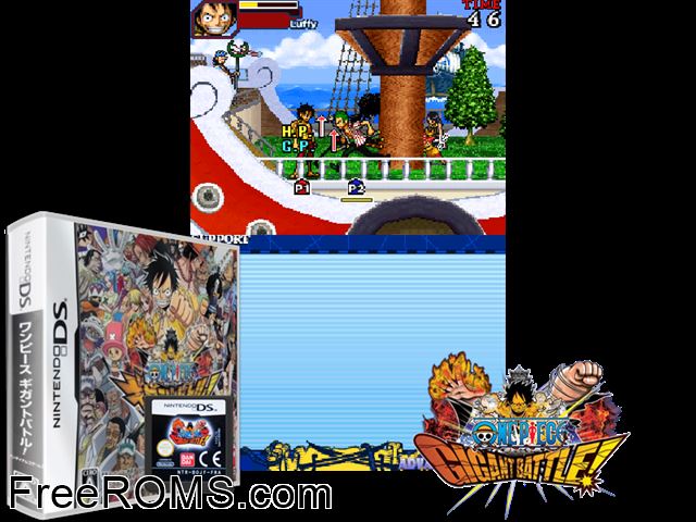One Piece - Gigant Battle Europe NDS game showing 3D box cover and gameplay screenshot