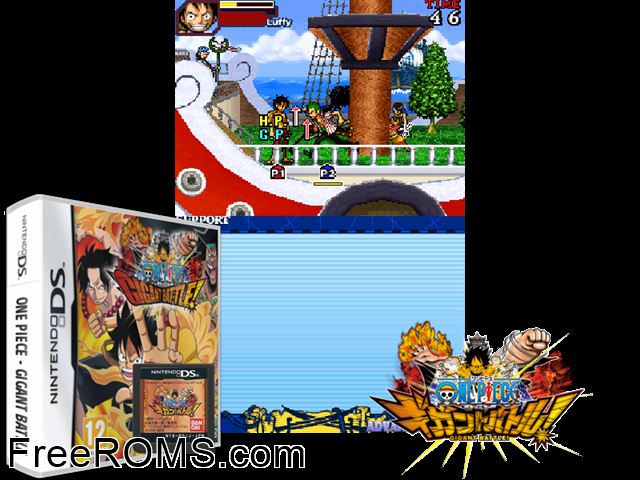 One Piece - Gigant Battle France NDS game showing 3D box cover and gameplay screenshot