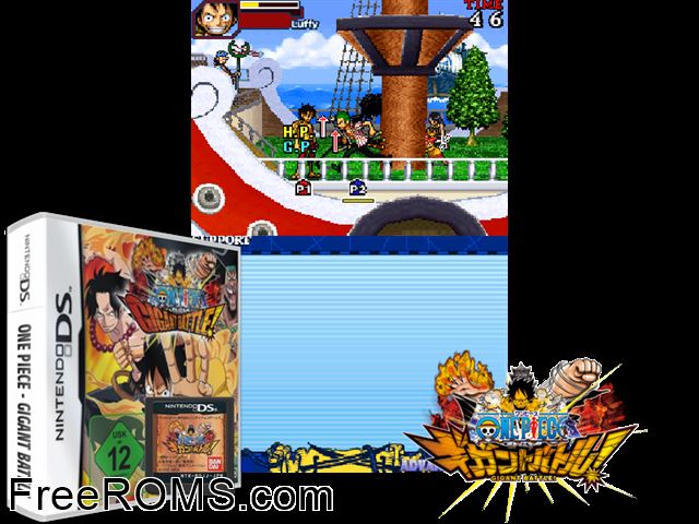 One Piece - Gigant Battle Germany NDS game showing 3D box cover and gameplay screenshot
