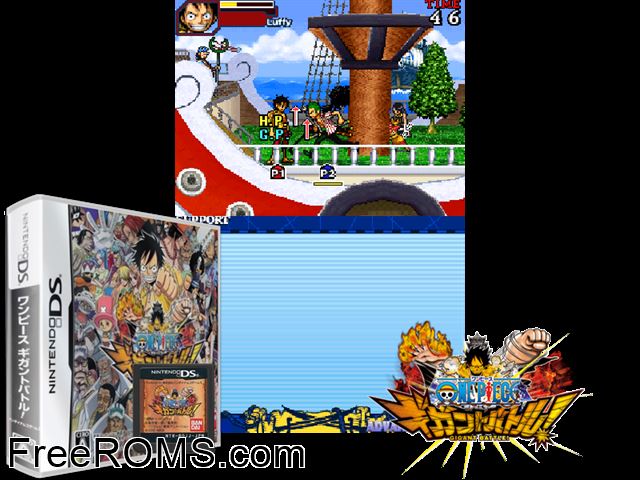 One Piece - Gigant Battle Japan NDS game showing 3D box cover and gameplay screenshot