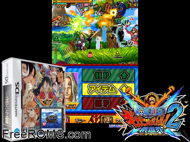 One Piece Gigant Battle 2 - Shin Sekai Japan NDS game showing 3D box cover and gameplay screenshot