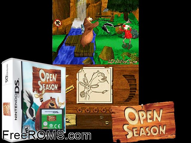 Open Season Europe NDS game showing 3D box cover and gameplay screenshot