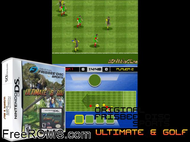Original Frisbee Disc Sports - Ultimate and Golf Europe NDS game showing 3D box cover and gameplay screenshot
