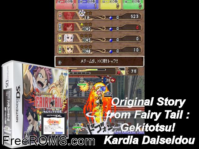 Original Story from Fairy Tail - Gekitotsu Kardia Daiseidou Japan NDS game showing 3D box cover and gameplay screenshot
