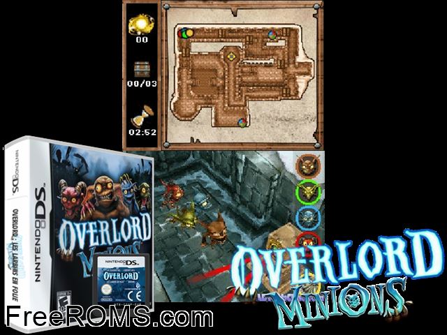 Overlord Minions Europe NDS game showing 3D box cover and gameplay screenshot