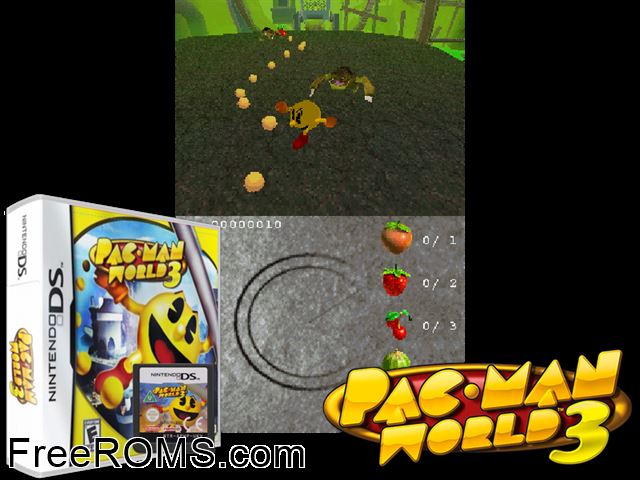 Pac-Man World 3 NDS game showing 3D box cover and gameplay screenshot