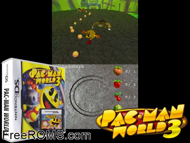 Pac-Man World 3 Europe NDS game showing 3D box cover and gameplay screenshot