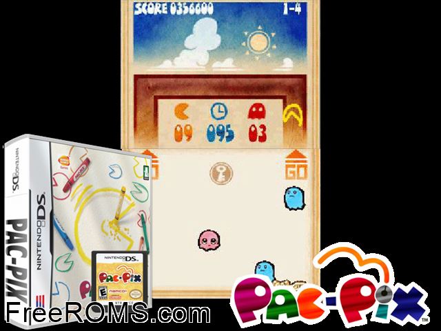 Pac-Pix NDS game showing 3D box cover and gameplay screenshot