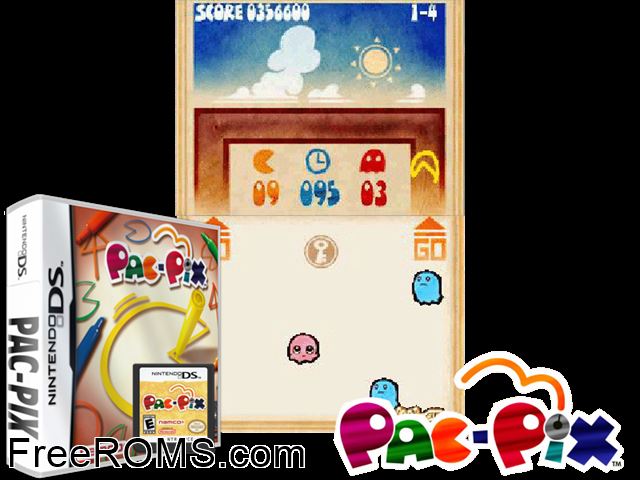 Pac-Pix Europe NDS game showing 3D box cover and gameplay screenshot