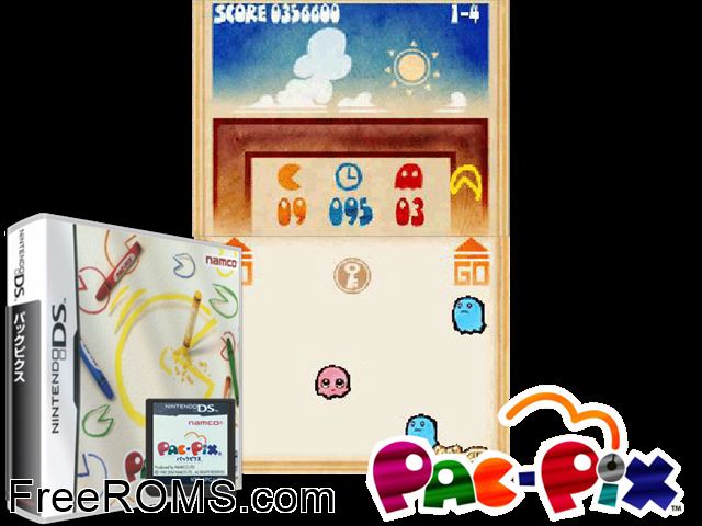 Pac-Pix Japan NDS game showing 3D box cover and gameplay screenshot