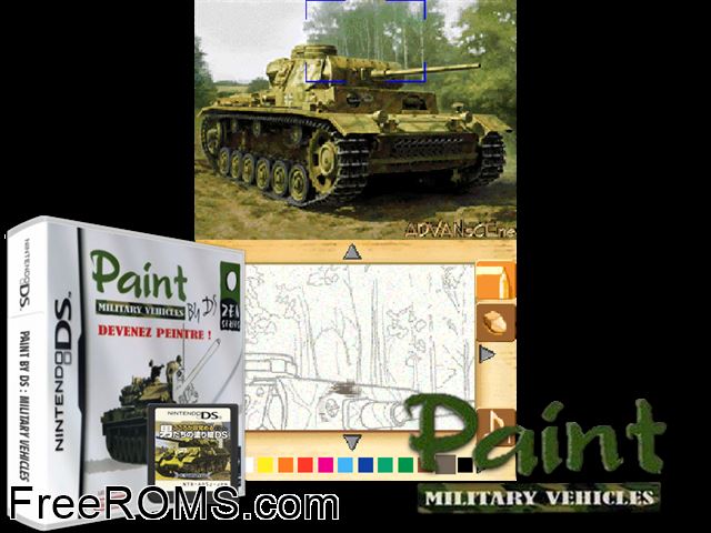 Paint by DS - Military Vehicles Europe NDS game showing 3D box cover and gameplay screenshot