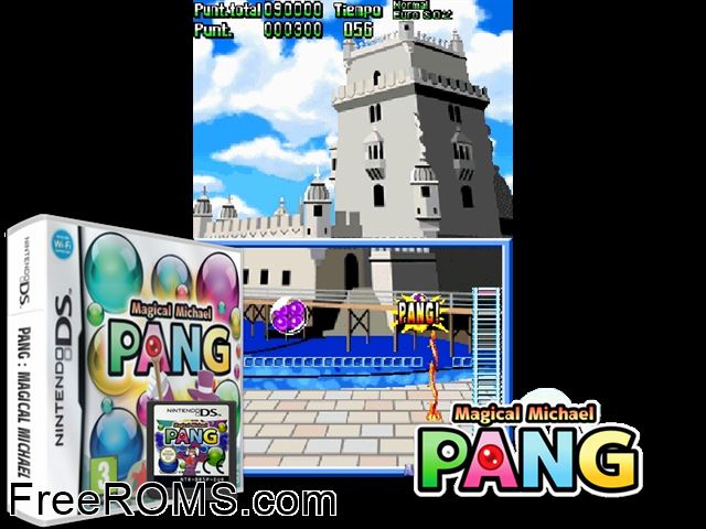 PANG - Magical Michael Europe NDS game showing 3D box cover and gameplay screenshot
