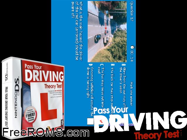 Pass Your Driving Theory Test Europe NDS game showing 3D box cover and gameplay screenshot