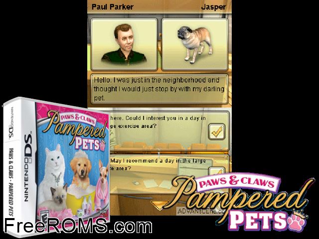Paws and Claws - Pampered Pets NDS game showing 3D box cover and gameplay screenshot