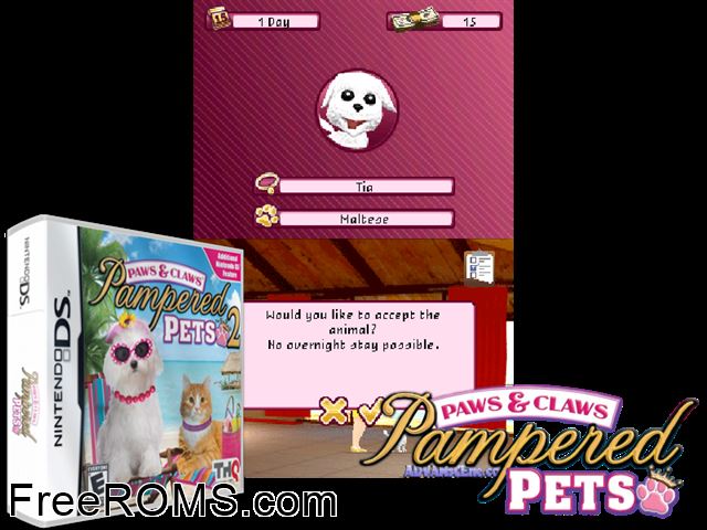 Paws and Claws - Pampered Pets 2 NDS game showing 3D box cover and gameplay screenshot