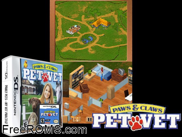 Paws and Claws - Pet Vet NDS game showing 3D box cover and gameplay screenshot