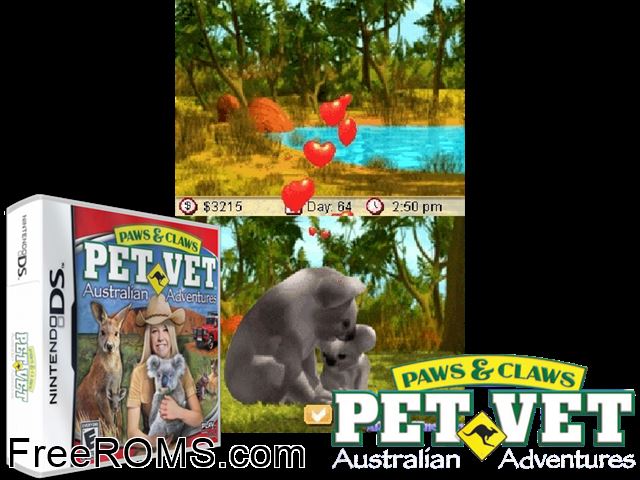 Paws and Claws - Pet Vet - Australian Adventures NDS game showing 3D box cover and gameplay screenshot