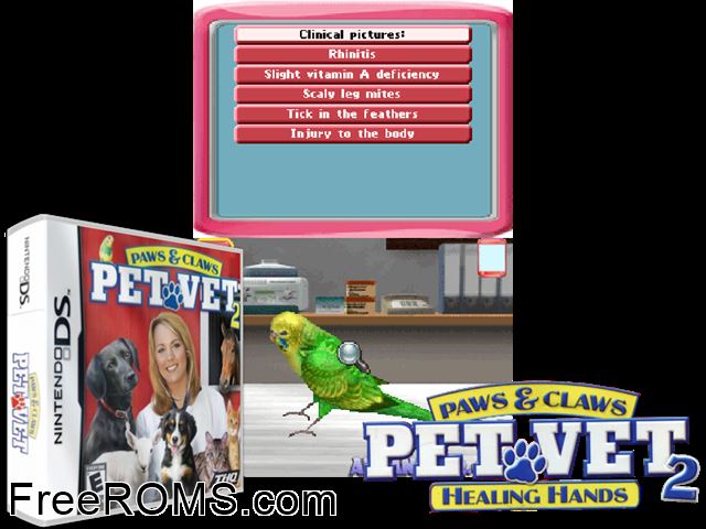 Paws and Claws - Pet Vet - Healing Hands NDS game showing 3D box cover and gameplay screenshot