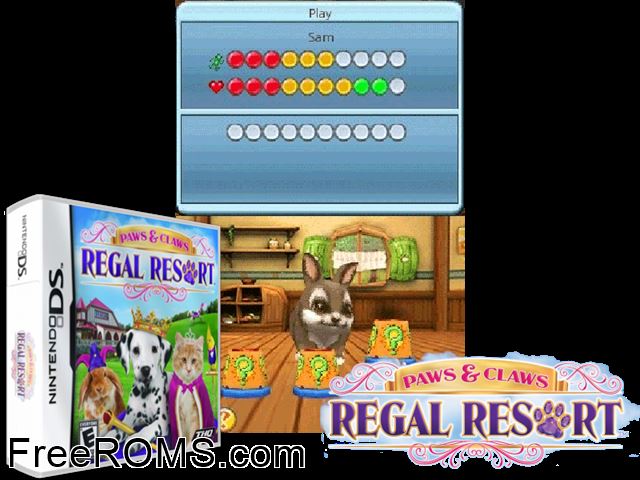 Paws and Claws - Regal Resort NDS game showing 3D box cover and gameplay screenshot
