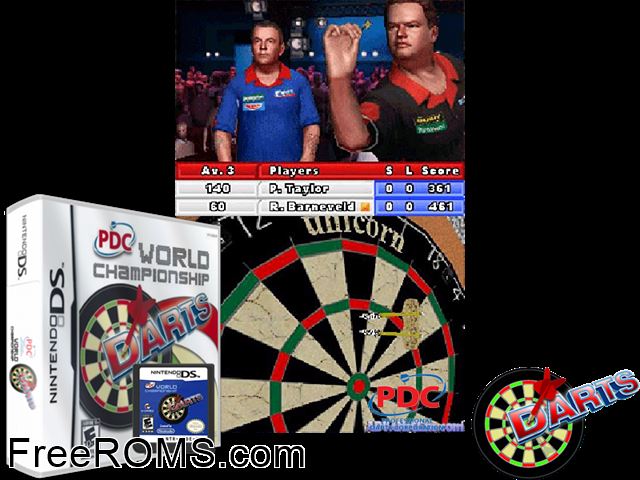 PDC World Championship Darts - The Official Video Game NDS game showing 3D box cover and gameplay screenshot