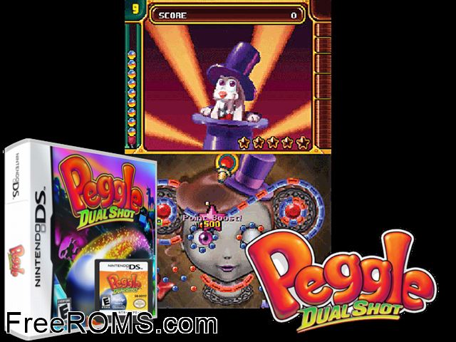 Peggle - Dual Shot NDS game showing 3D box cover and gameplay screenshot
