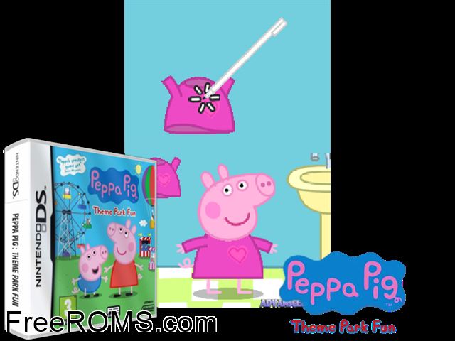 Peppa Pig Theme Park Fun Europe NDS game showing 3D box cover and gameplay screenshot