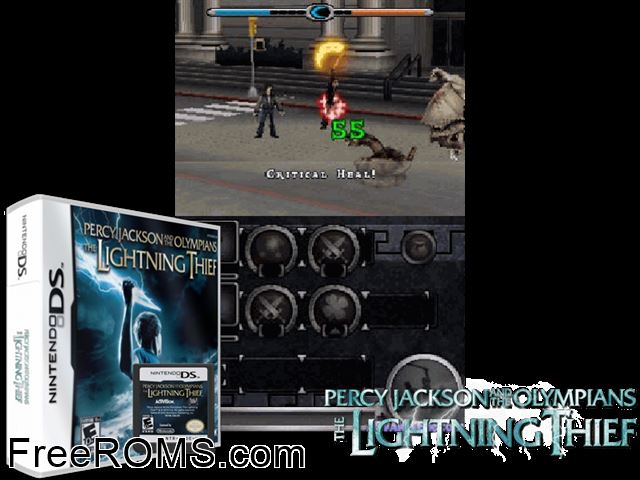 Percy Jackson and the Lightning Thief Europe NDS game showing 3D box cover and gameplay screenshot