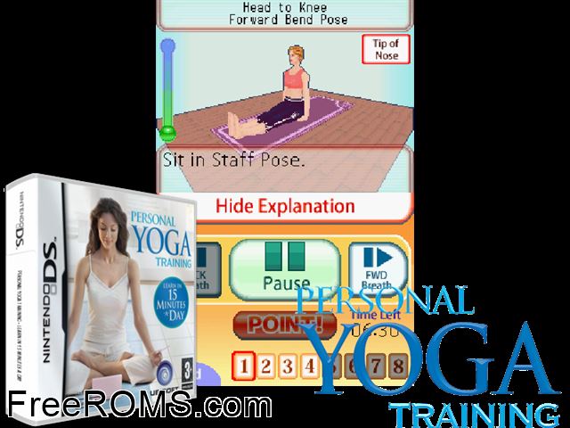 Personal Yoga Training - Learn in 15 Minutes a Day Europe NDS game showing 3D box cover and gameplay screenshot