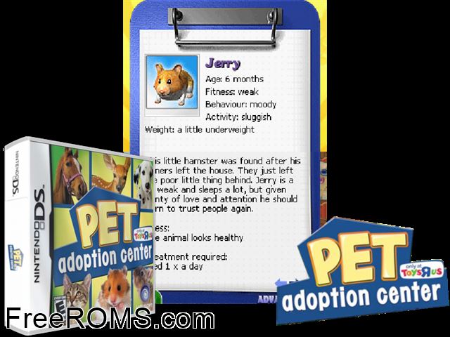 Pet Adoption Center NDS game showing 3D box cover and gameplay screenshot