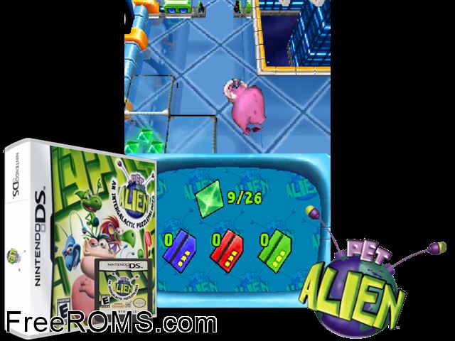Pet Alien Europe NDS game showing 3D box cover and gameplay screenshot