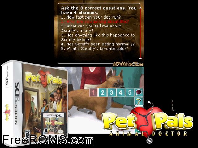 Pet Pals - Animal Doctor NDS game showing 3D box cover and gameplay screenshot