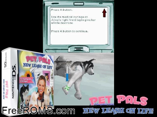 Pet Pals - New Leash on Life NDS game showing 3D box cover and gameplay screenshot