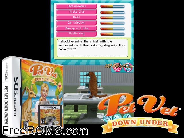 Pet Vet Down Under NDS game showing 3D box cover and gameplay screenshot