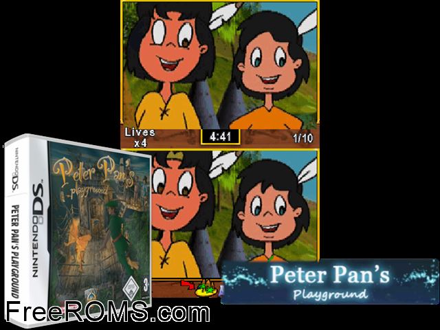 Peter Pans Playground Europe NDS game showing 3D box cover and gameplay screenshot